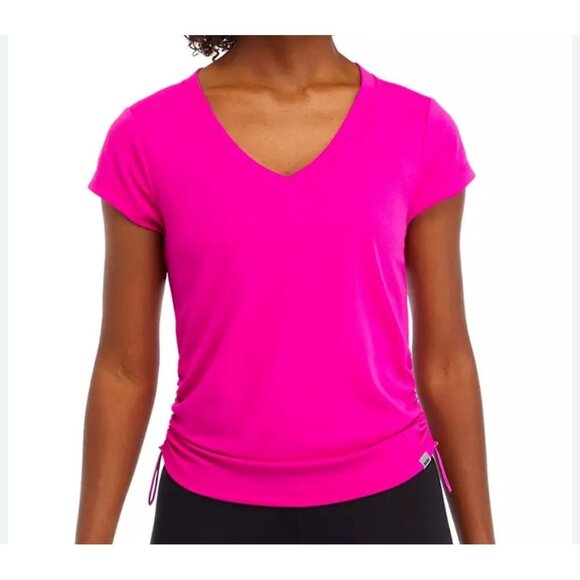 DKNY Sport Women's Tee V-Neck Short-Sleeve Tech Top M Ruched ORCHID GLO New - Picture 1 of 15